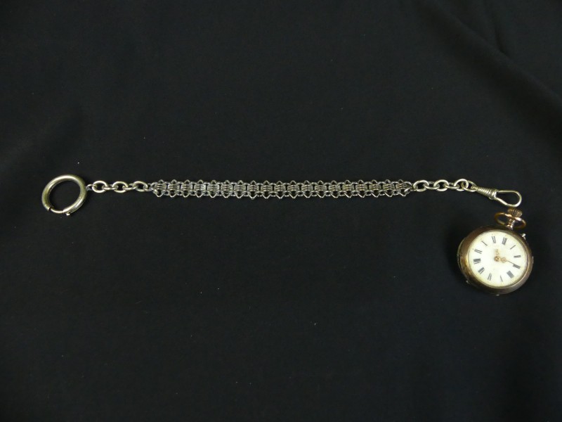 Antieke Horlogeketting + zakhorloge Remoir 10 rubis Zilver