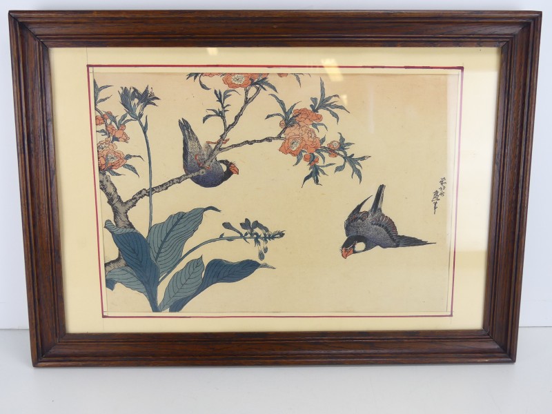 Antieke prent -2 vogels, kersembloesem & hosta- Zen Hokusai Litsu Hitsu