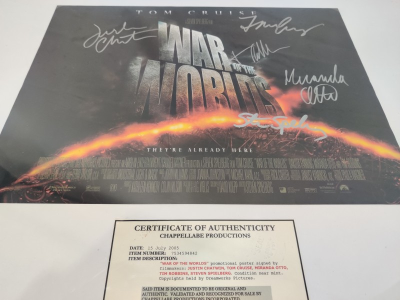 Promotionele poster;  "WAR OF THE WORLDS" ; Handtekening Tom Cruise, Steven Spielberg, ea  [geverifieerd door Chappellabe productions]