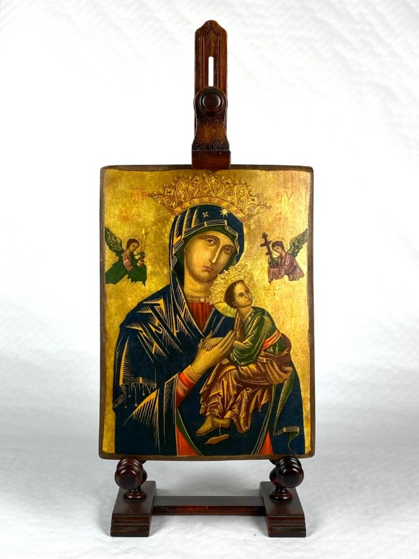 schilderij van Onze-Lieve-Vrouw in massief hout, op schildersezel