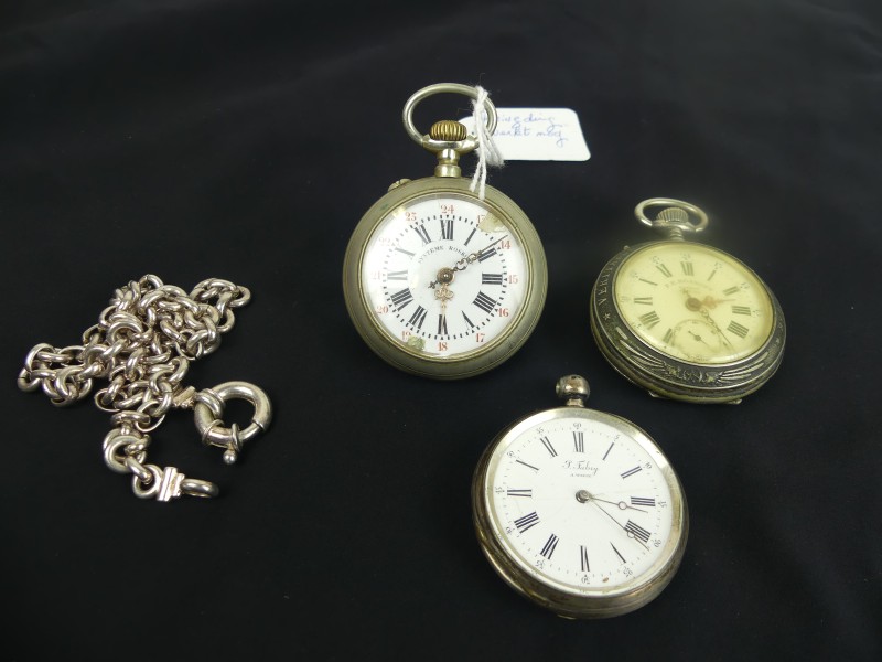 3 vintage/antiek zakhorloges o.a. Roskopf + horlogeketting