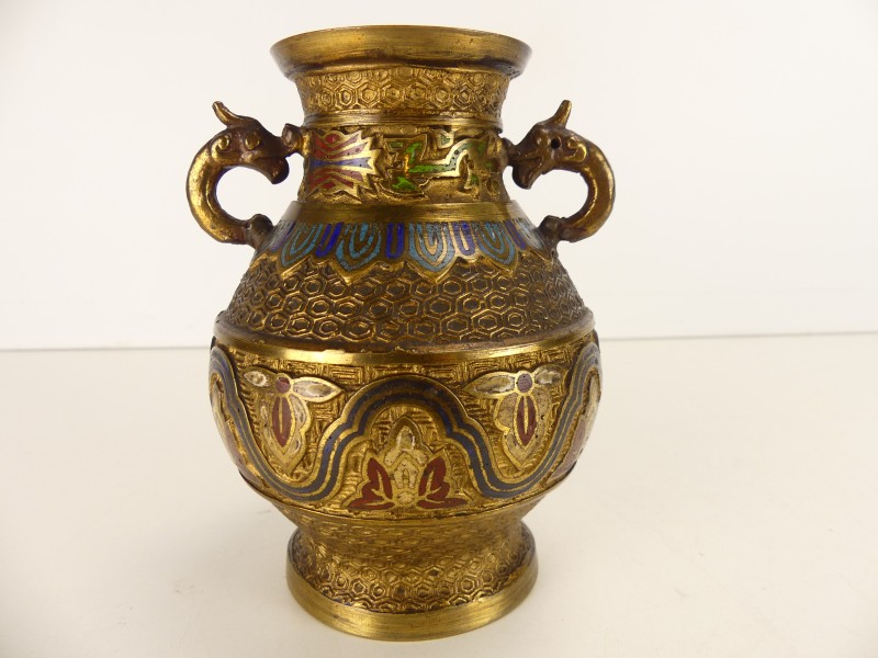 Vintage Champleve Geëmailleerde Bronzen Vaas - urn vormige