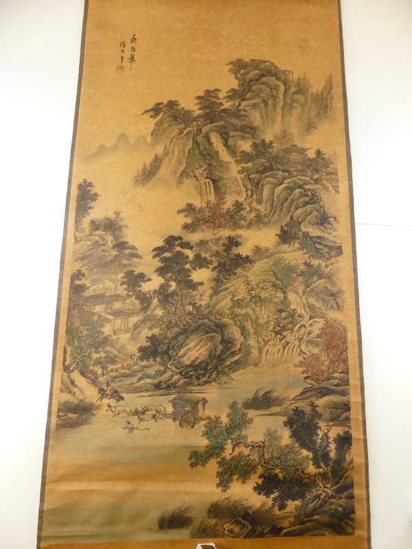 Vintage Chinese Rol schilderij aquarel landschap - gesigneerd gedateerd