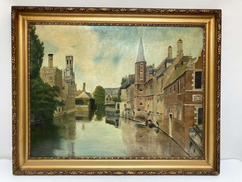 Olieverf schilderij: zicht op Brugge: A. Christiaens (1922)