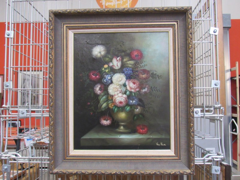 Schilderij L. Van Hove " Bloemenruiker in koperen vaas "
