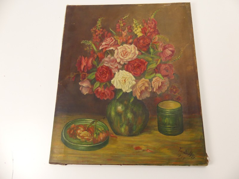 Vintage olieverfschilderij - stilleven bloemen - Th. Dewit