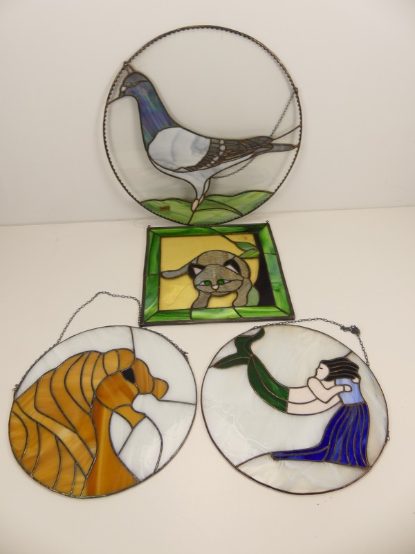 Glas in lood – 4 items – kat/duif/zeemeermin/leeuw