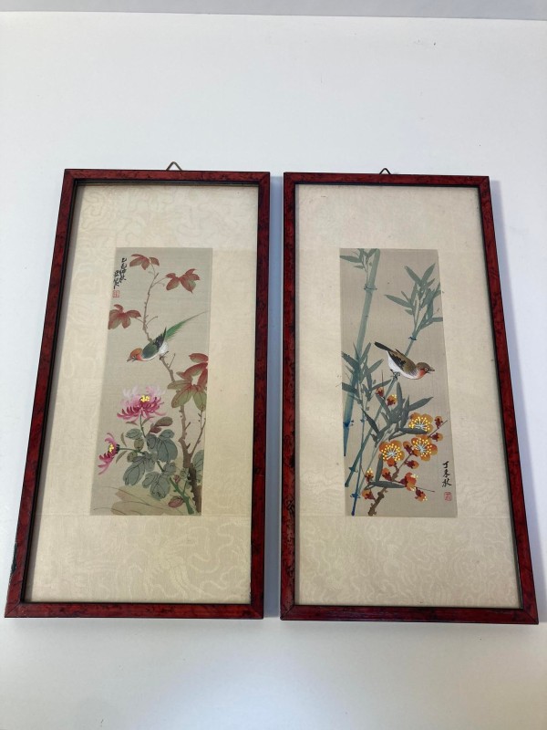2 aziatische tekeningen op zijde (vogels)
