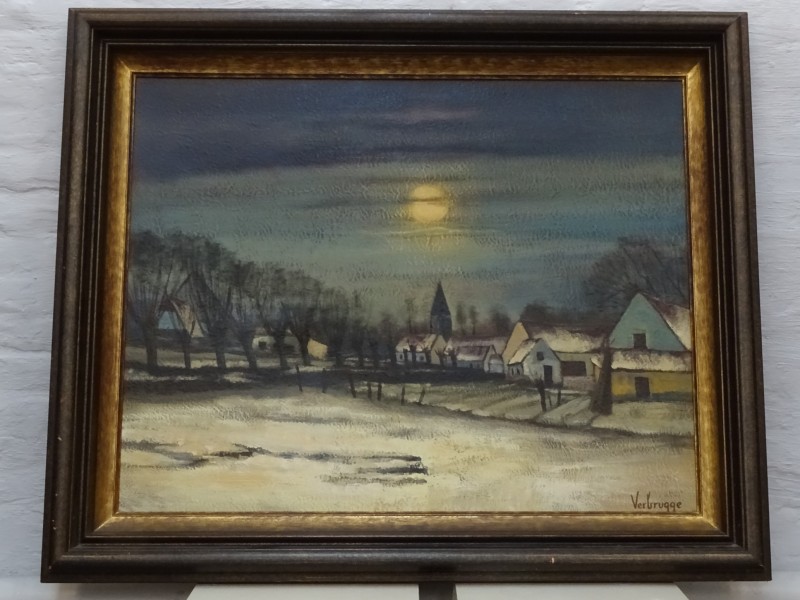 Schilderij van een nachtelijke winterlandschap: Willy Verbrugge