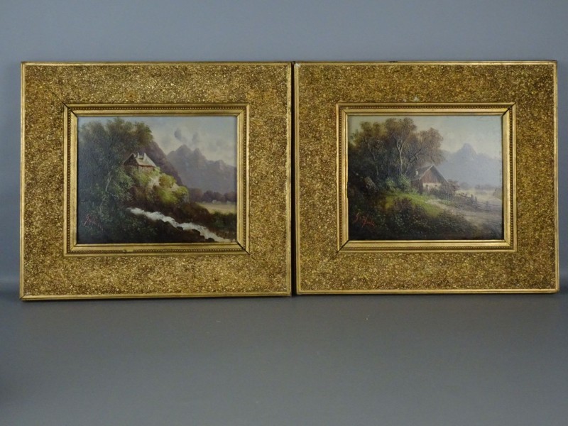 2 schilderijen "Huis in berglandschap"