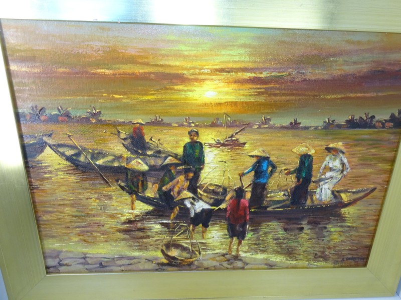 Gesigneerd Vietnamees Schilderij: Visserij