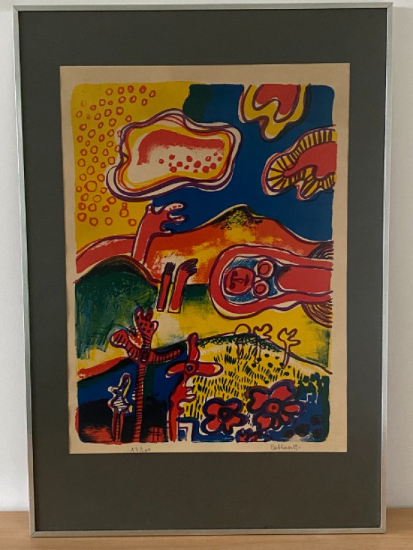 Vintage, abstracte, gesigneerde litho door de Belgische kunstenaar COBBAERT JAN