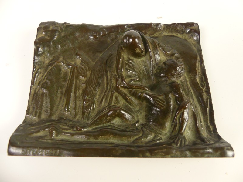 Vintage Bronzen reliefplaat Barmhartige Samaritaan - O. Rotsaert