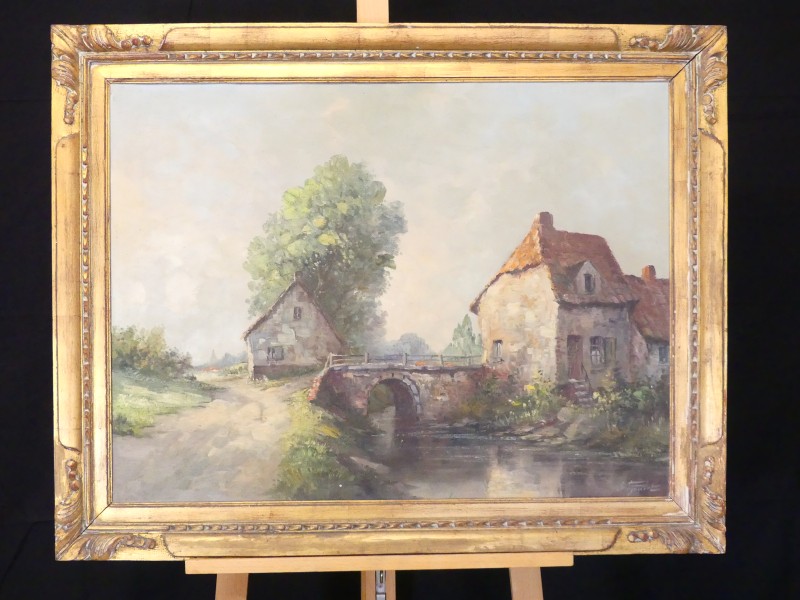 Vintage schilderij - Gustave Pynaert – landschap met waterloop en bruggetje