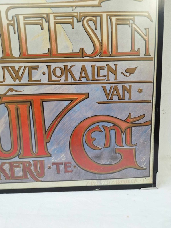 Ingekaderde poster van de inhuldigingsfeesten van de Vooruit in Gent in Art Nouveau stijl