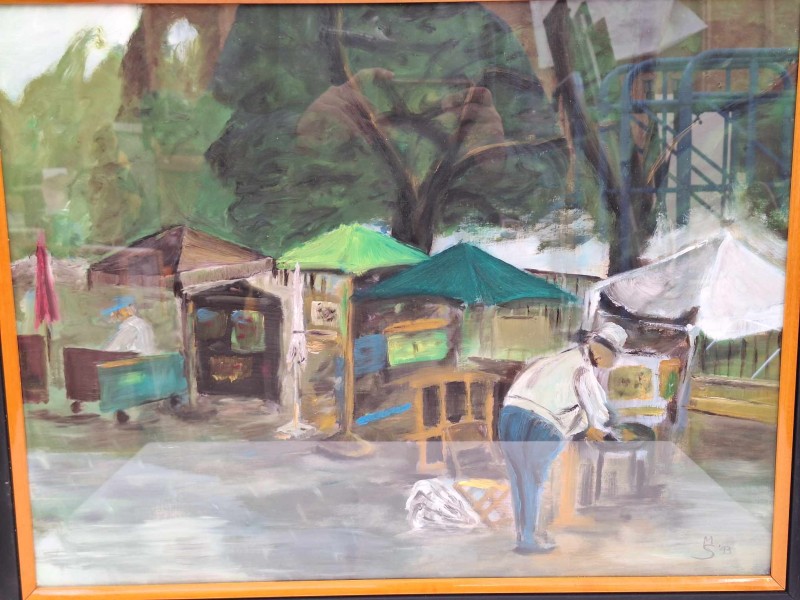 Schilderij van een markt door M. S.