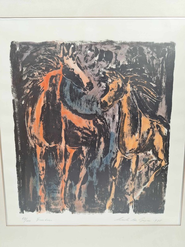 kleuren litho van 2 paarden tegen een zwarte achtergrond - 1975
