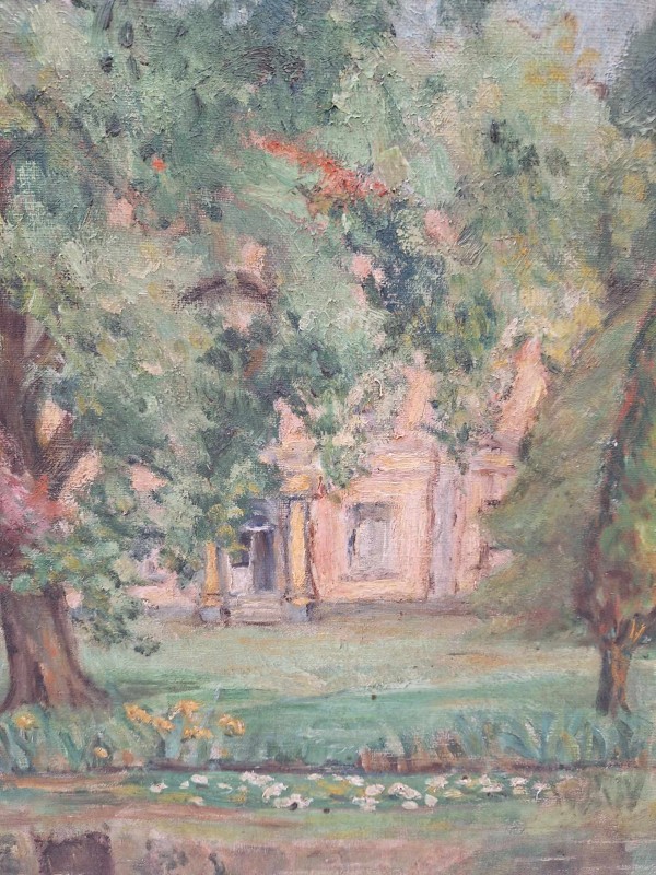 Olieverfschilderij van een woning tussen bomen