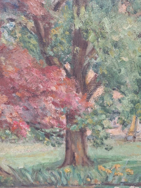 Olieverfschilderij van een woning tussen bomen
