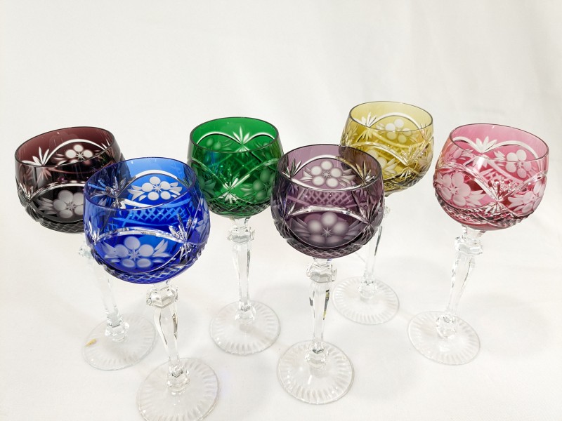 6 Gekleurde kristallen glazen [val st lambert] Belgisch