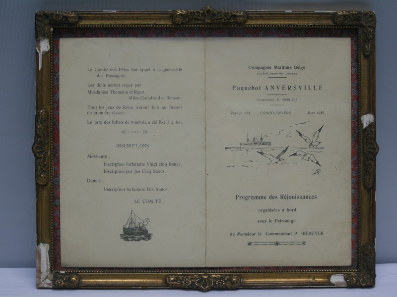 Antiquaraat: Programma van vieringen op het Belgische stoomschip Anversville- 1935 Congo- Antwerpen" (Art. 670)