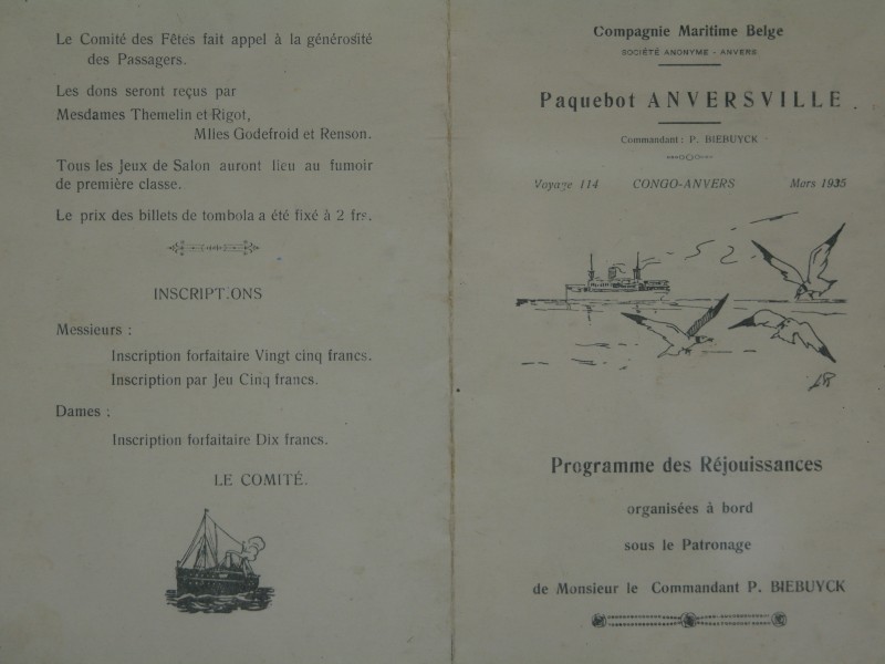 Antiquaraat: Programma van vieringen op het Belgische stoomschip Anversville- 1935 Congo- Antwerpen" (Art. 670)