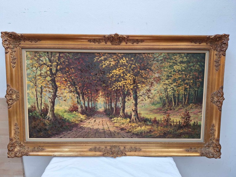 Groot olieverfschilderij van een dreef in het bos door R.H. Cordier