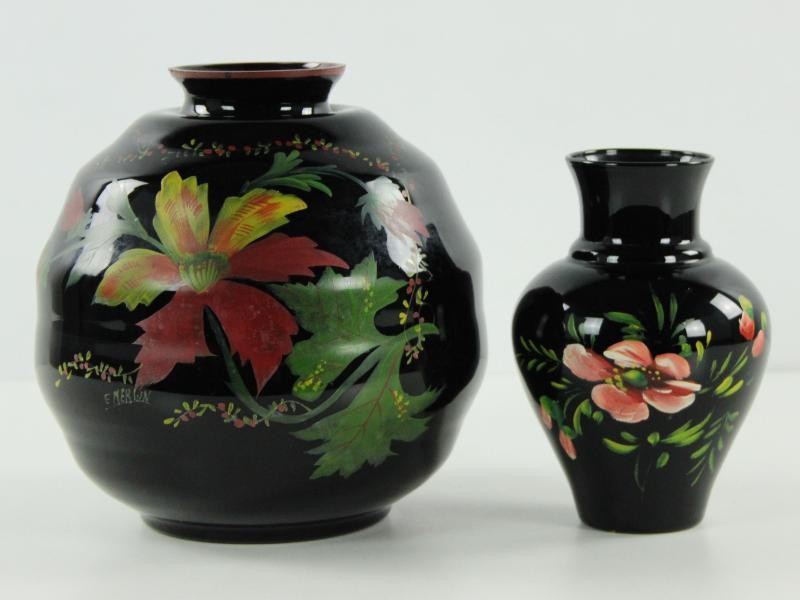 2 Prachtige vazen Booms glas, handbeschilderd door F. Merlin - art deco - 1920-30