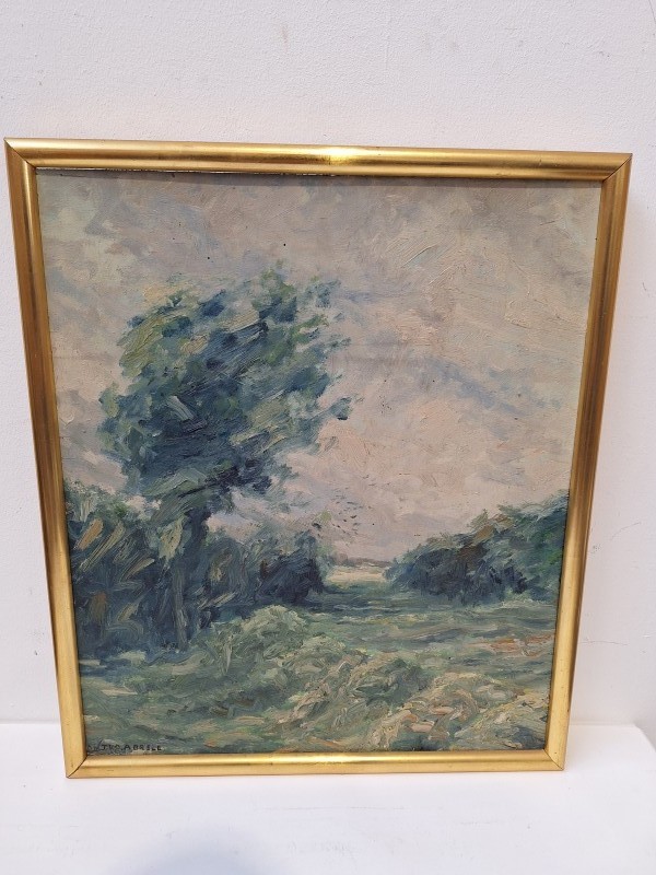 Impressionistisch schilderij van een plattelandzicht met boom: J.V.D. Abeele