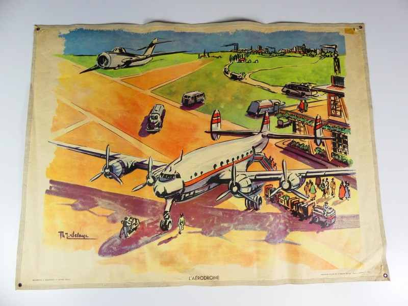 Vintage – schoolplaat papier op textiel - De luchthaven – jaren ‘50