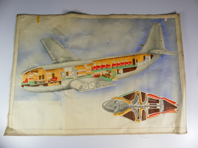 Vintage – schoolplaat papier op textiel - Verkeersvliegtuig – jaren ‘50