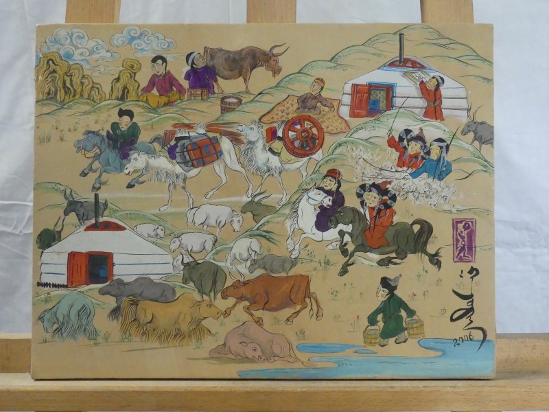 Mongoolse kunst op dierenhuid - gesigneerd en gedateerd