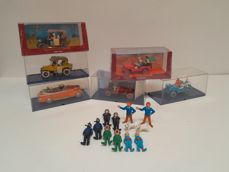 Lot van 6 miniatuur auto's en Kuifje figuurtjes