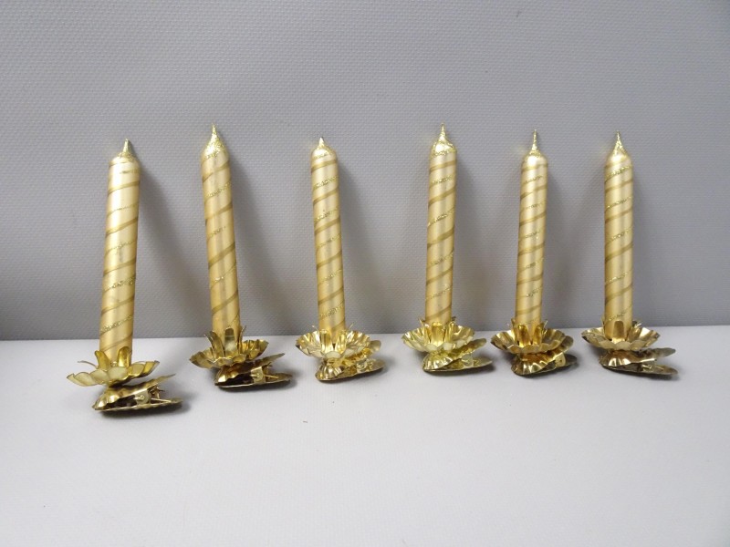 Set van 6 glazen kaarsen met goudkleurige klip