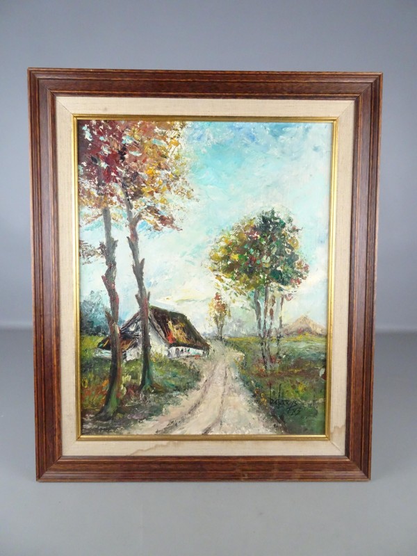 Mooi olieverfschilderij op hout met een landelijk herfst thema getekent en dateerd van '83.