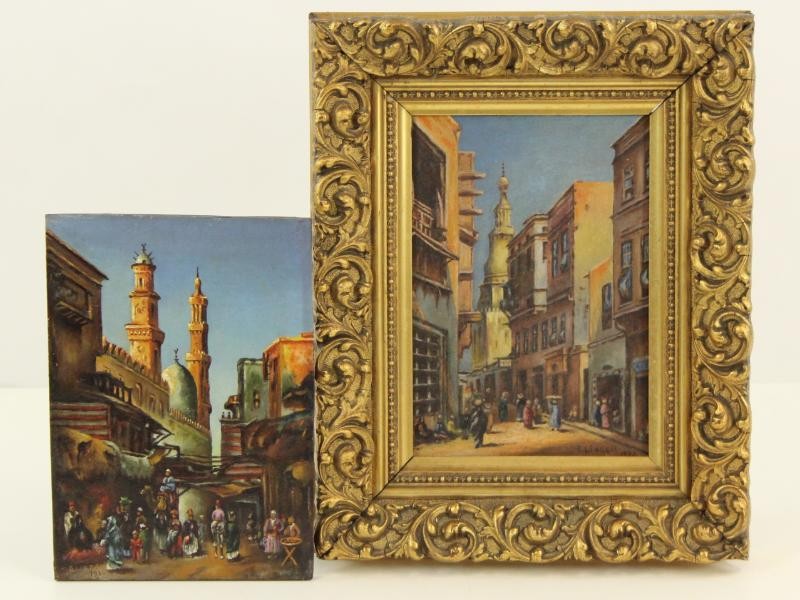2  Antieke en prachtige werkjes op paneel, beide gesigneerd E. Libeer - 1935 - Caïro
