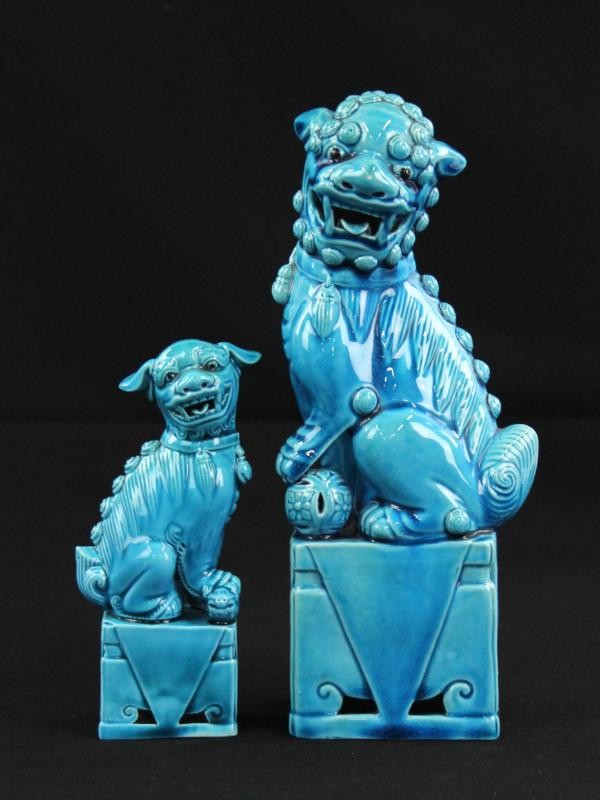 2 Chinese Foo Dogs uit turkoois keramiek