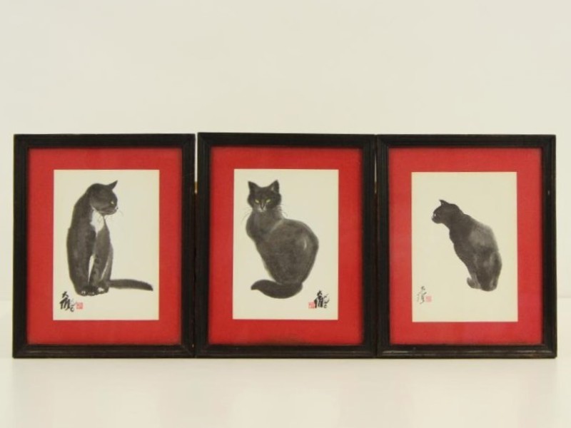 Vintage drieluik katten-litho's David Kwong
