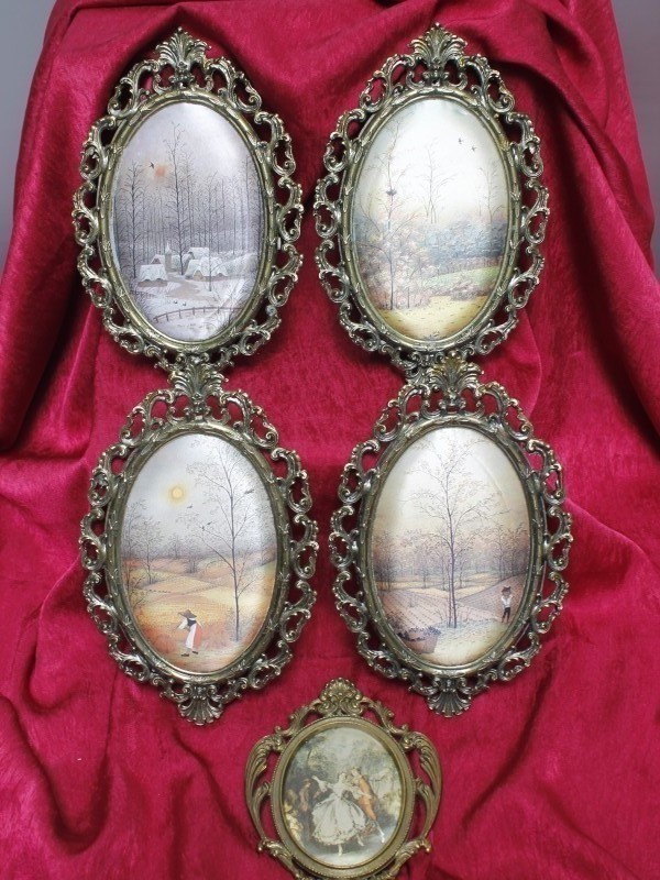 Vijf brocante schilderijtjes met prentjes in ovalen messing frame (Art. 800 C)