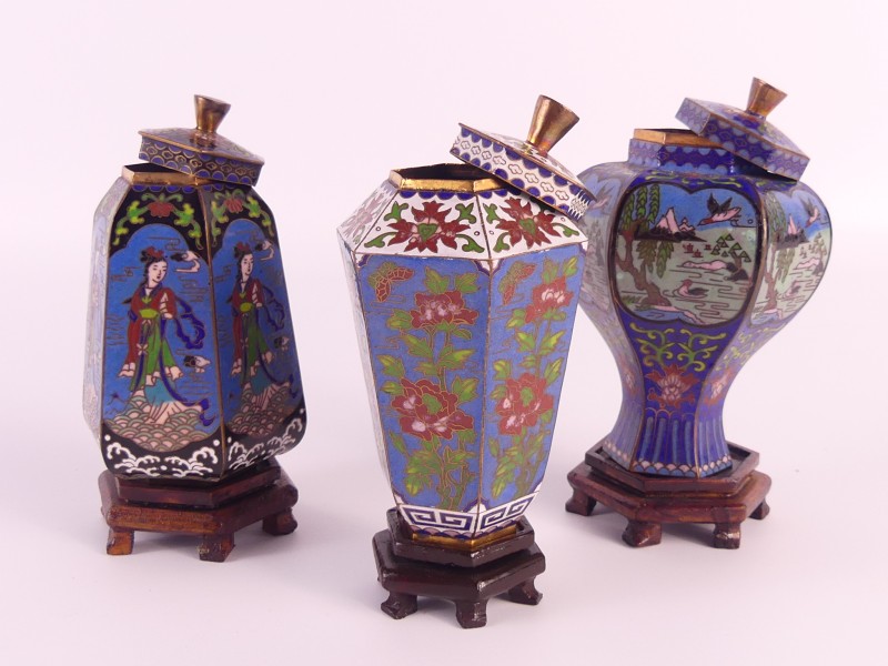 Vintage Chinese cloisonnévaasjes - geëmailleerd brons