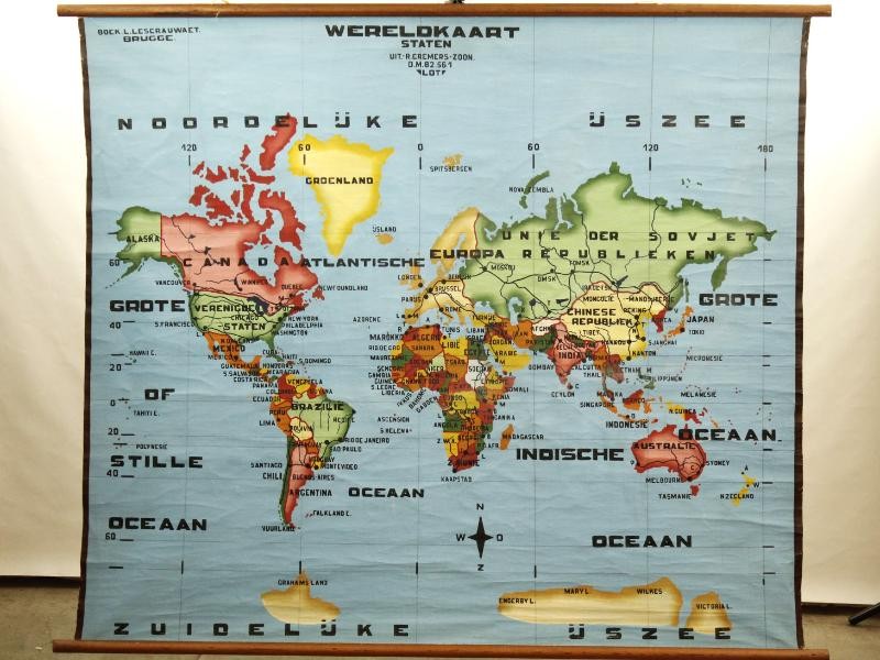 Vintage, geschilderde wereldkaart op canvas - R. Cremers & Zoon - Jaren '50