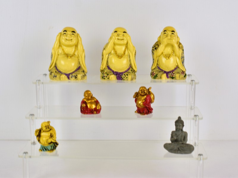 Set van 7 decoratieve Boeddhabeeldjes – verschillende stijlen en materialen