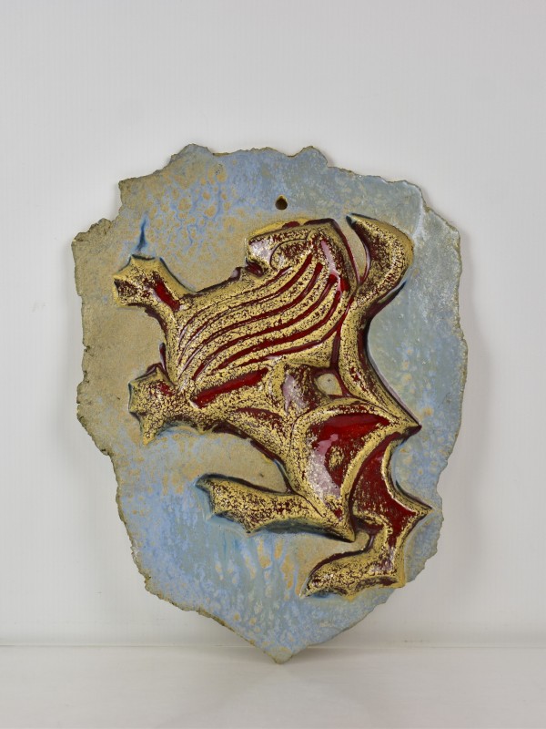 Keramisch wandornament kleurenproef wapenschild Oud-Turnhout, België, 1983.