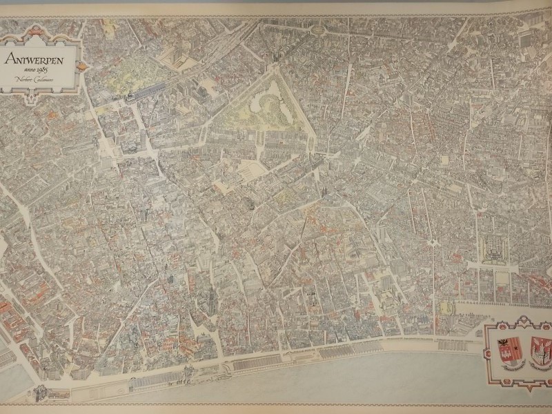 Grote zeefdruk stadsplan van Antwerpen uit 1985 Norbert Ceulemans