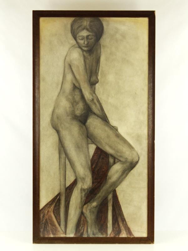 Grafisch Portret van naakte dame in grijstinten  in potlood gesigneerd door de kunstenaar C. Van Heubeeyk