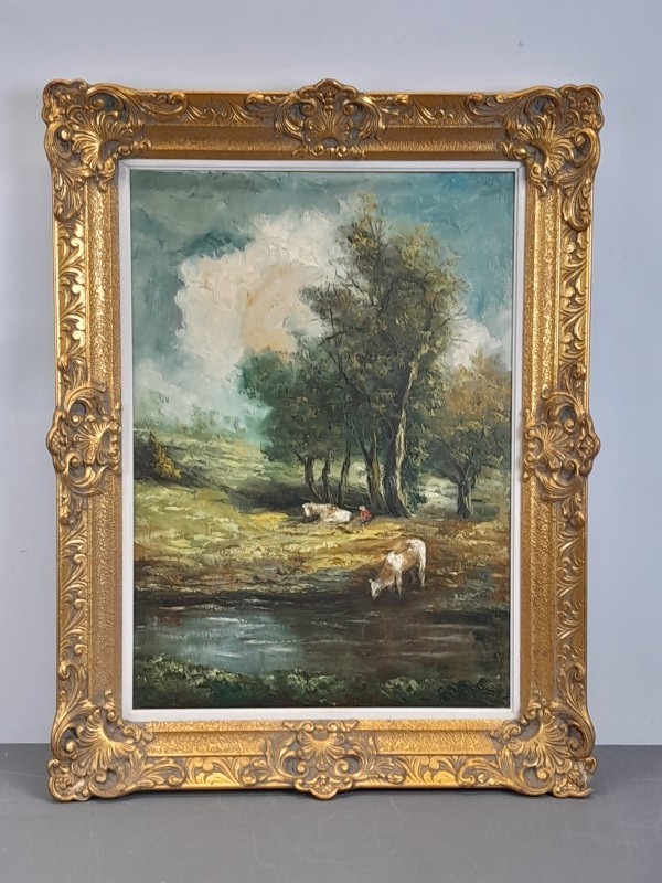 Olieverfschilderij: Drinkend vee bij een rivier