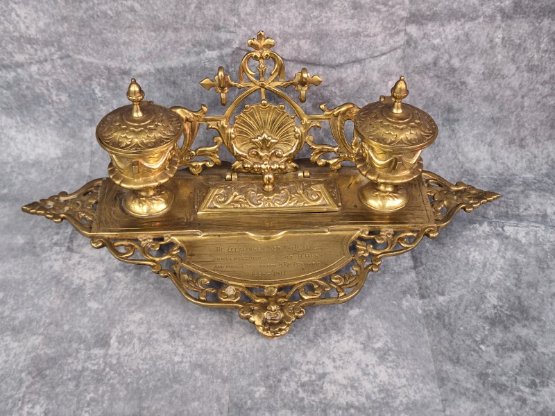 Antieke messing bureauset met dubbele inktpot - rococo stijl