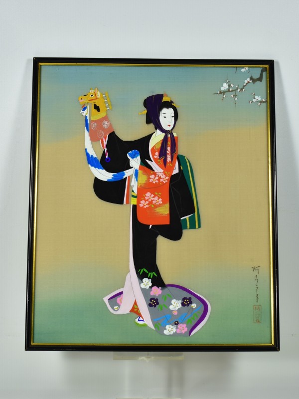 Japans schilderij van vrouw in kimono met paard.