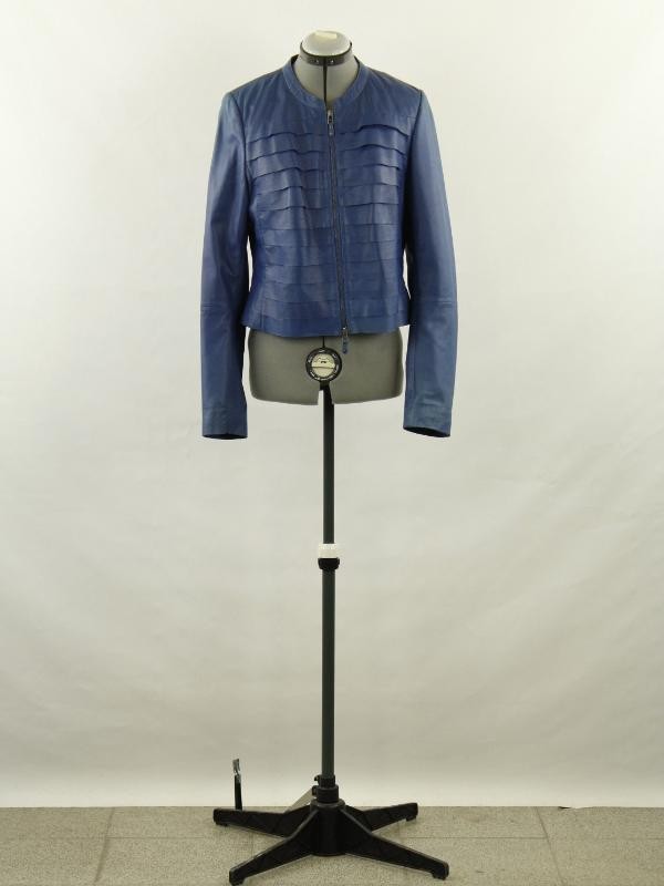 Claudia Sträter Blauwe lederen ruffle jas | maat 42