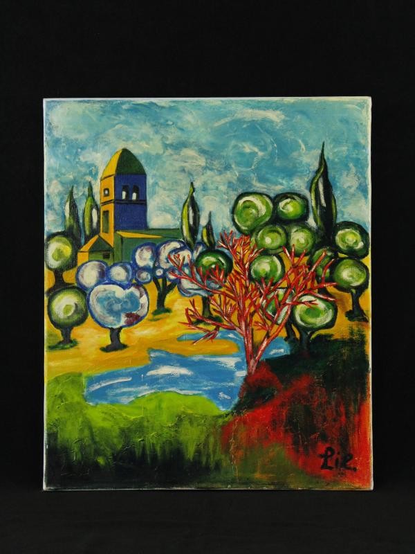 Kleurrijk schilderij met fantasierijk landschap -Le Petite Église - Lie